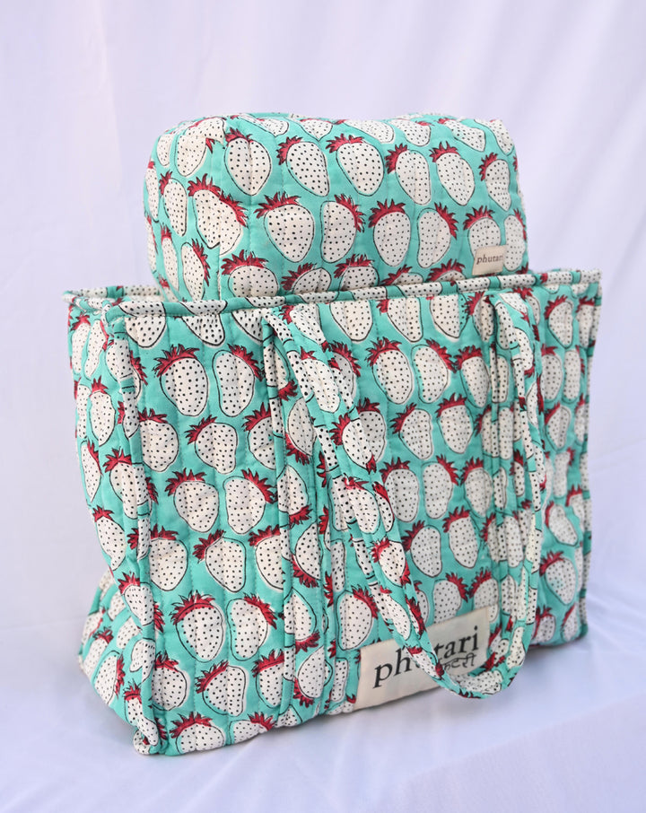 Mint Strawberry Quilted Tote Bag with a Pouch