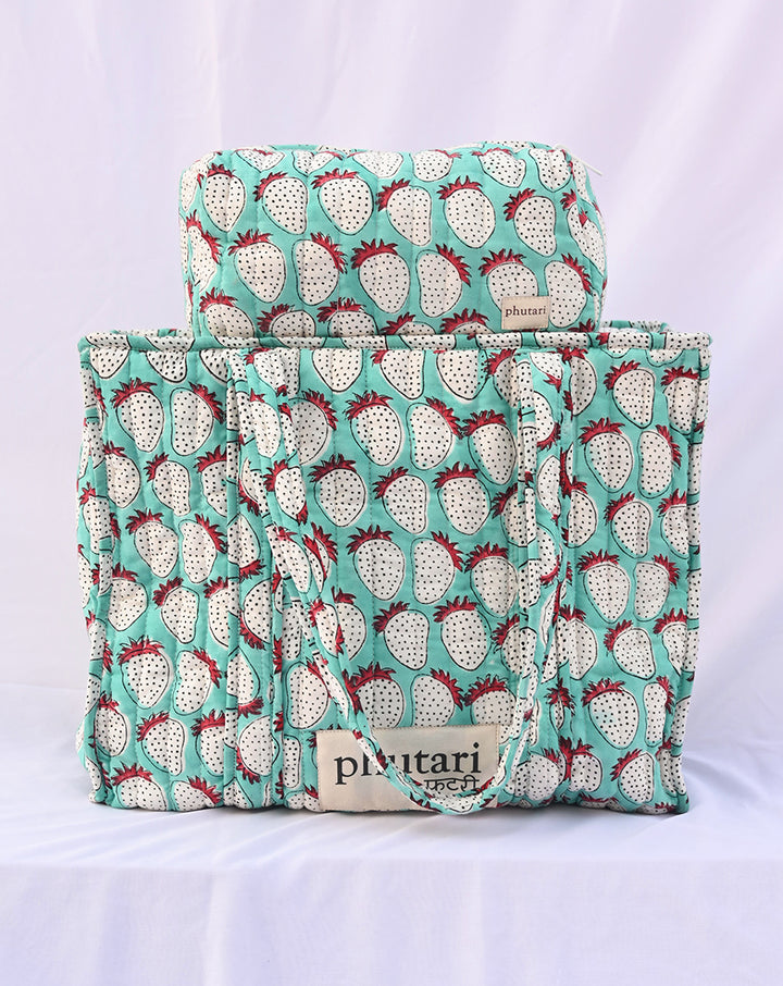 Mint Strawberry Quilted Tote Bag with a Pouch