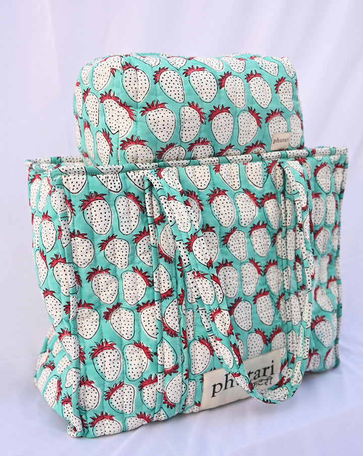 Mint Strawberry Quilted Tote Bag with a Pouch
