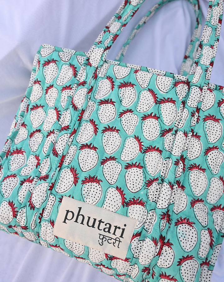 Mint Strawberry Quilted Tote Bag with a Pouch