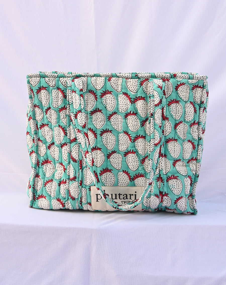 Mint Strawberry Quilted Tote Bag with a Pouch