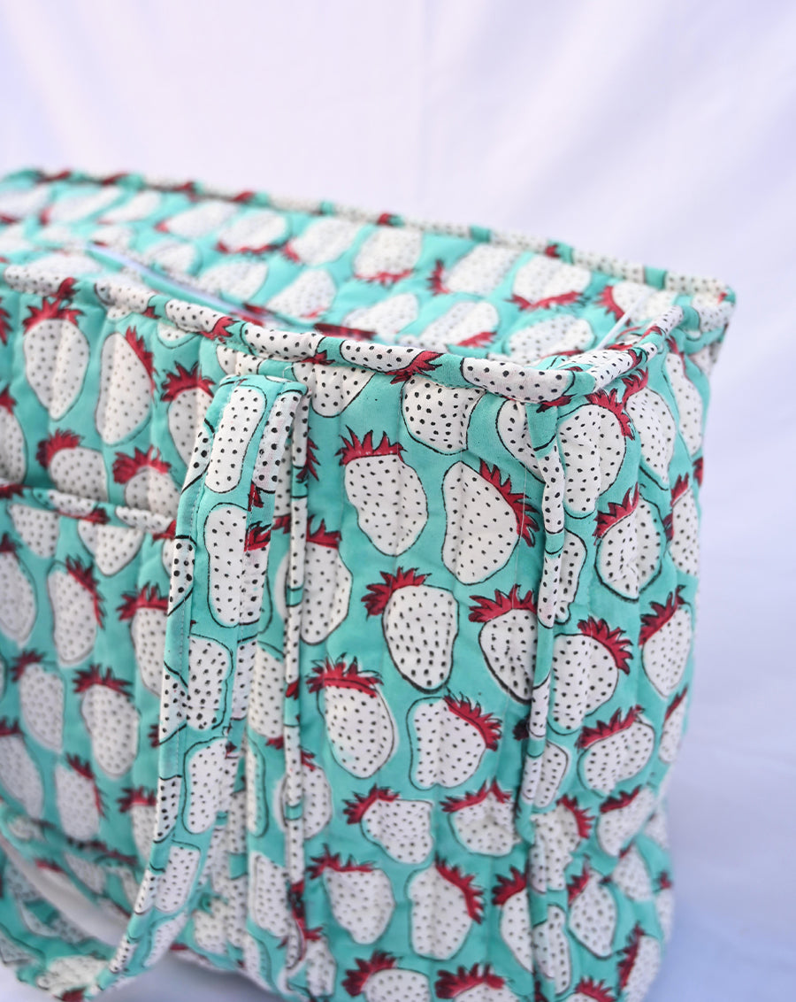 Mint Strawberry Quilted Tote Bag with a Pouch