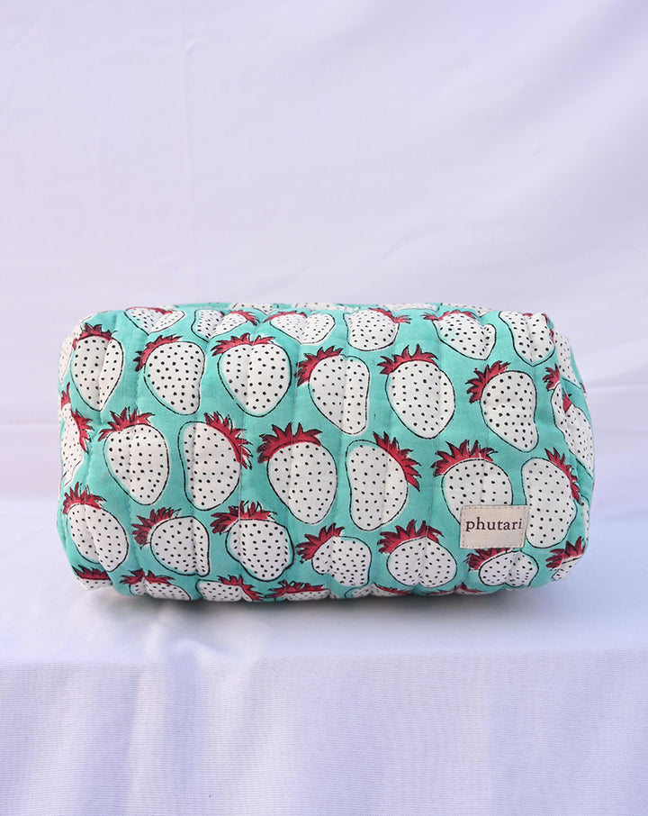 Mint Strawberry Quilted Tote Bag with a Pouch