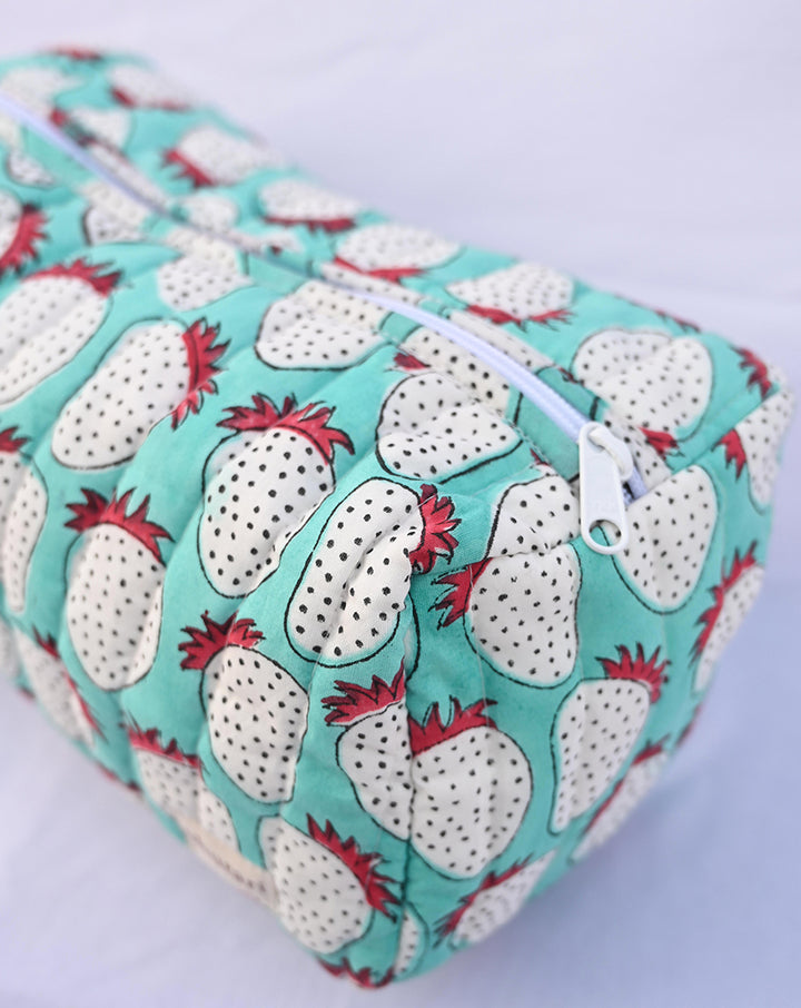 Mint Strawberry Quilted Tote Bag with a Pouch