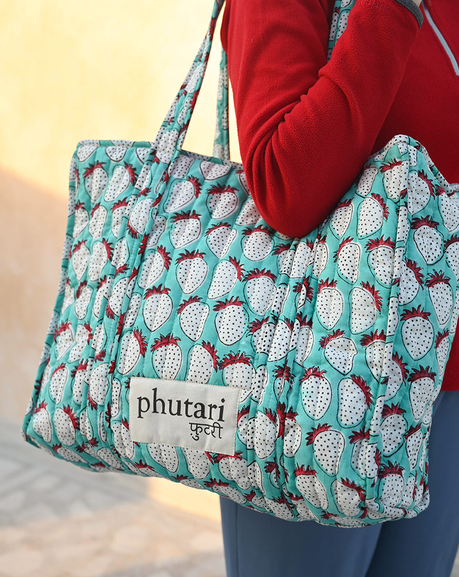Mint Strawberry Quilted Tote Bag with a Pouch
