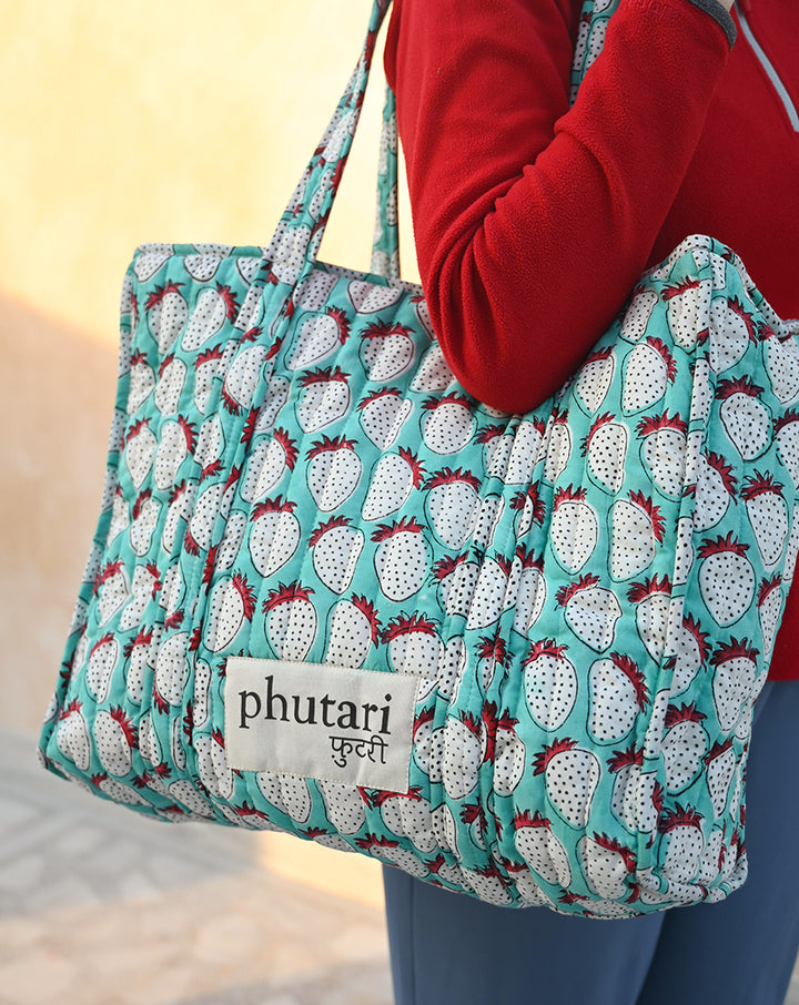Mint Strawberry Quilted Tote Bag with a Pouch