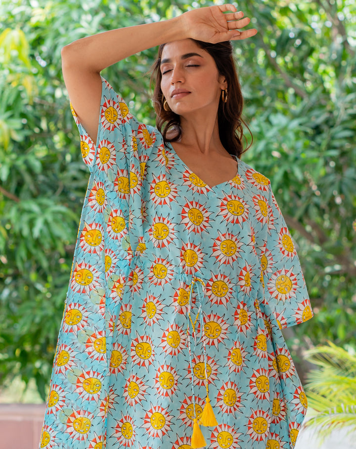 SunBurn Hand Block Printed Cotton Kaftan - Full Length