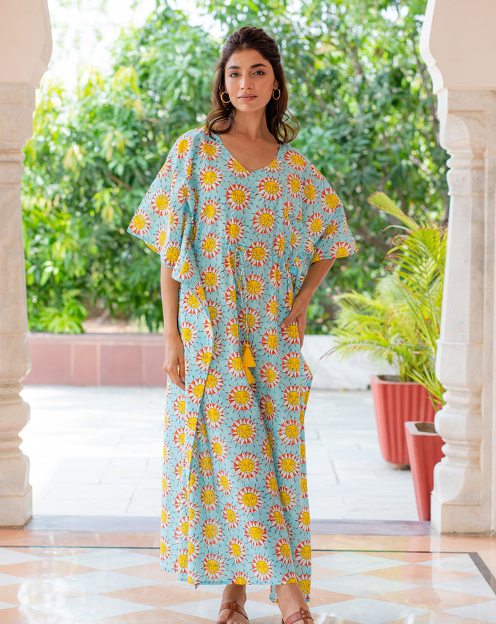 SunBurn Hand Block Printed Cotton Kaftan - Full Length