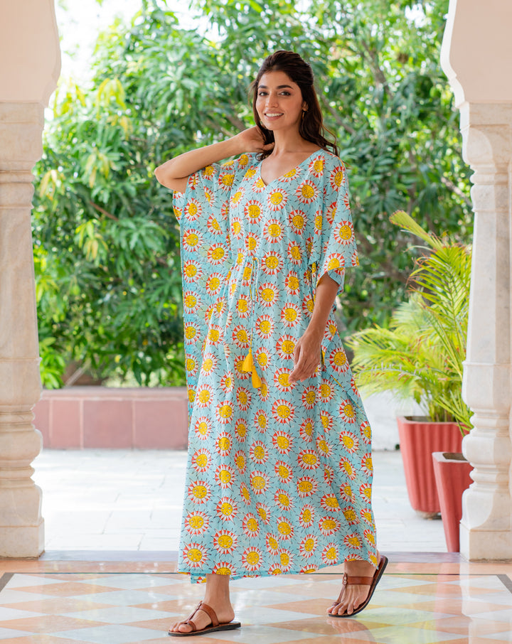 SunBurn Hand Block Printed Cotton Kaftan - Full Length