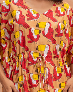 Toucan Hand Block Printed Cotton Kaftan - Midi Length