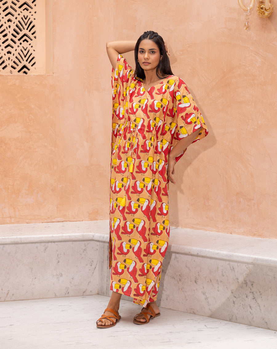 Toucan Hand Block Printed Cotton Kaftan - Full Length