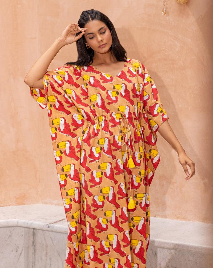 Toucan Hand Block Printed Cotton Kaftan - Midi Length