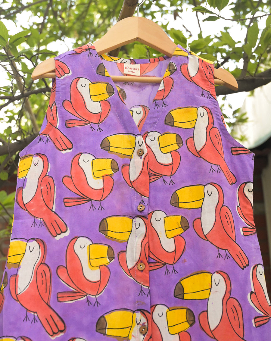 Toucan Purple Cotton Dress for Girls