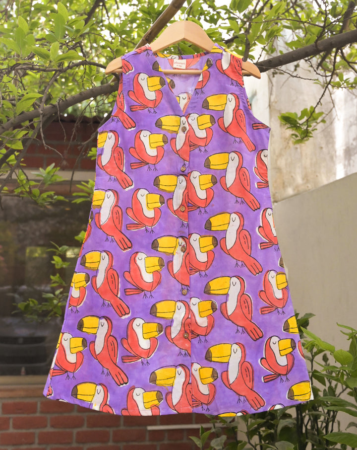 Toucan Purple Cotton Dress for Girls