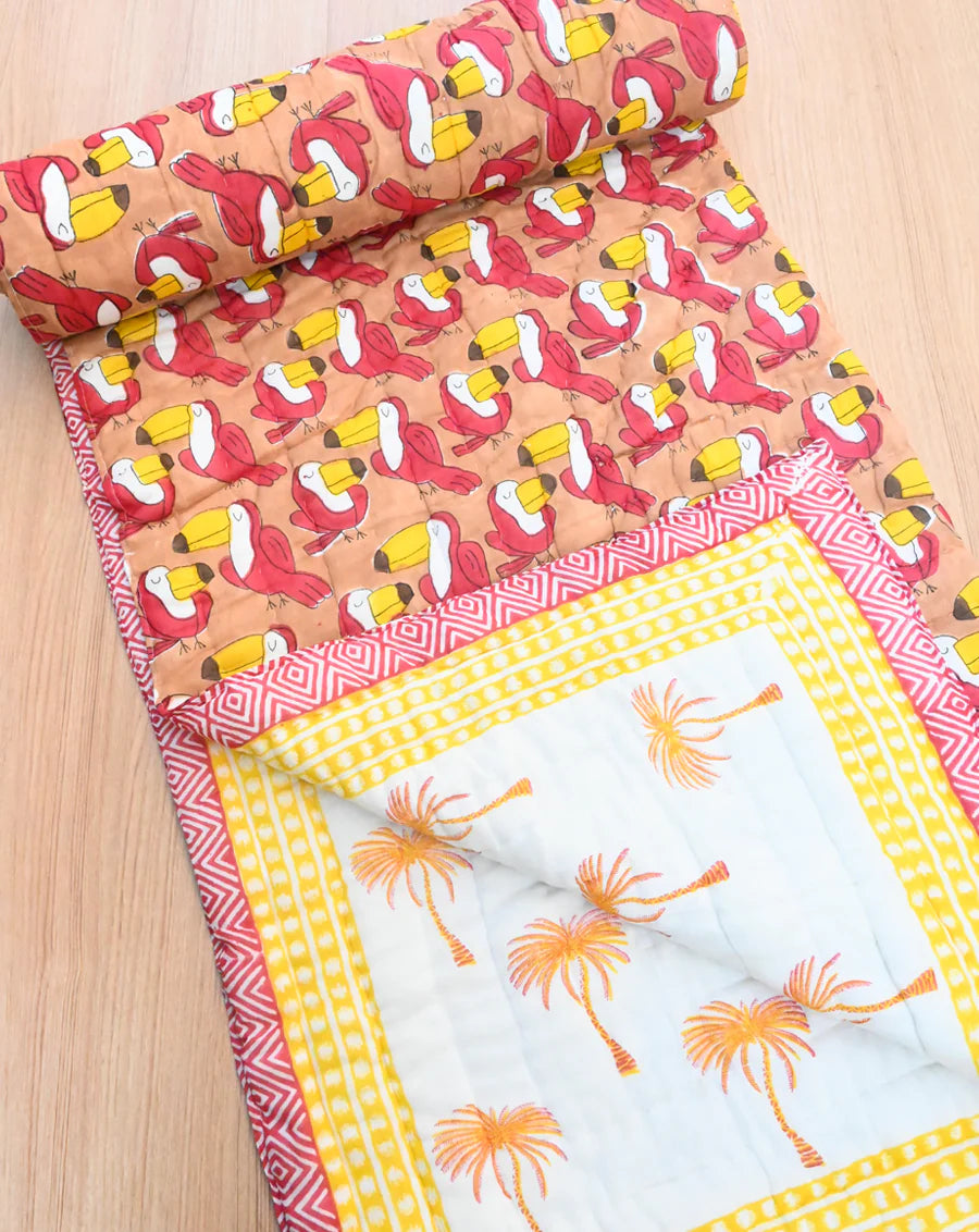 Toucan Hand Block Printed Cotton Quilt - Minor Defect B17