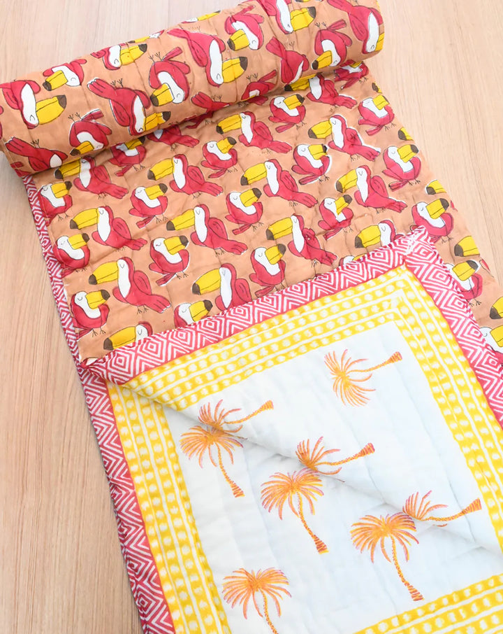 Toucan Hand Block Printed Cotton Quilt - Minor Defect B17
