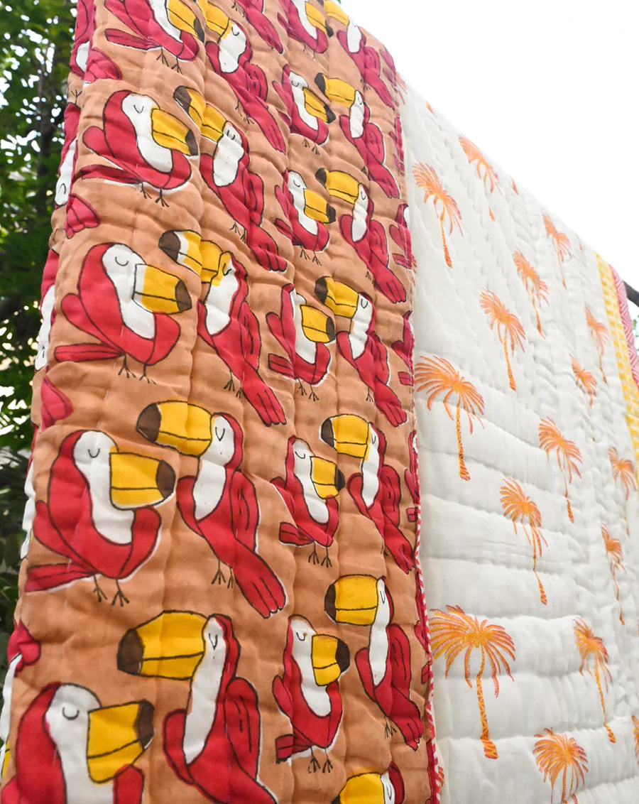 Toucan Hand Block Printed Cotton Quilt - Minor Defect B17