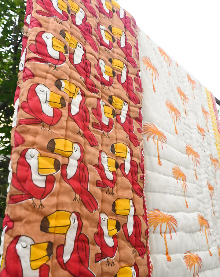 Toucan Hand Block Printed Cotton Quilt - Minor Defect B17