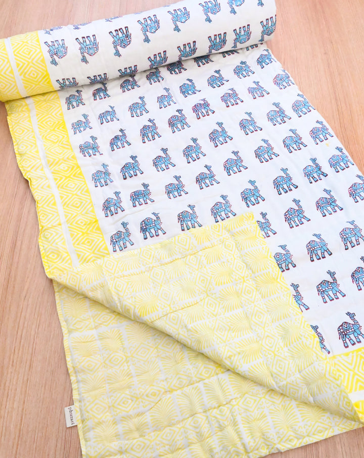 Camel March Blue Hand Block Printed Cotton Quilt