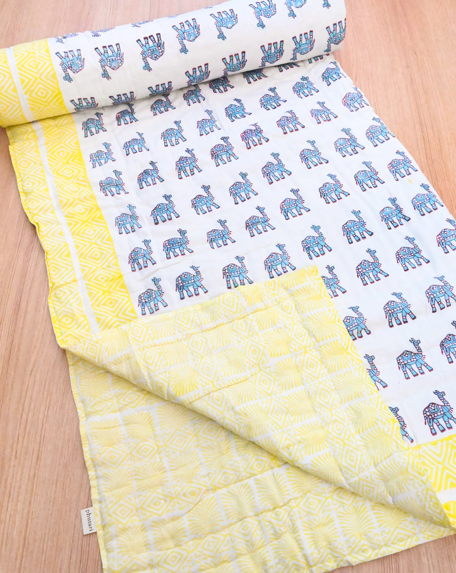 Camel March Blue Hand Block Printed Cotton Quilt-Minor Defect-Only Available in Single