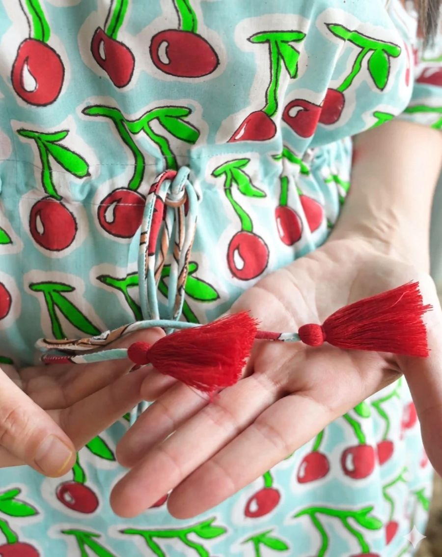 Mint Cherries Hand Block Printed Cotton Midi Kaftan