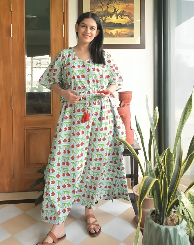Mint Cherries Hand Block Printed Cotton Kaftan - Full Length