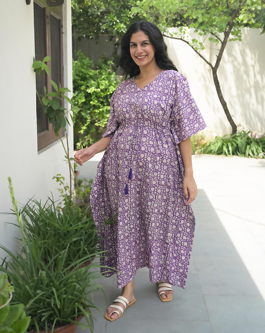 Kamal Hand Block Printed Cotton Kaftan - Full Length