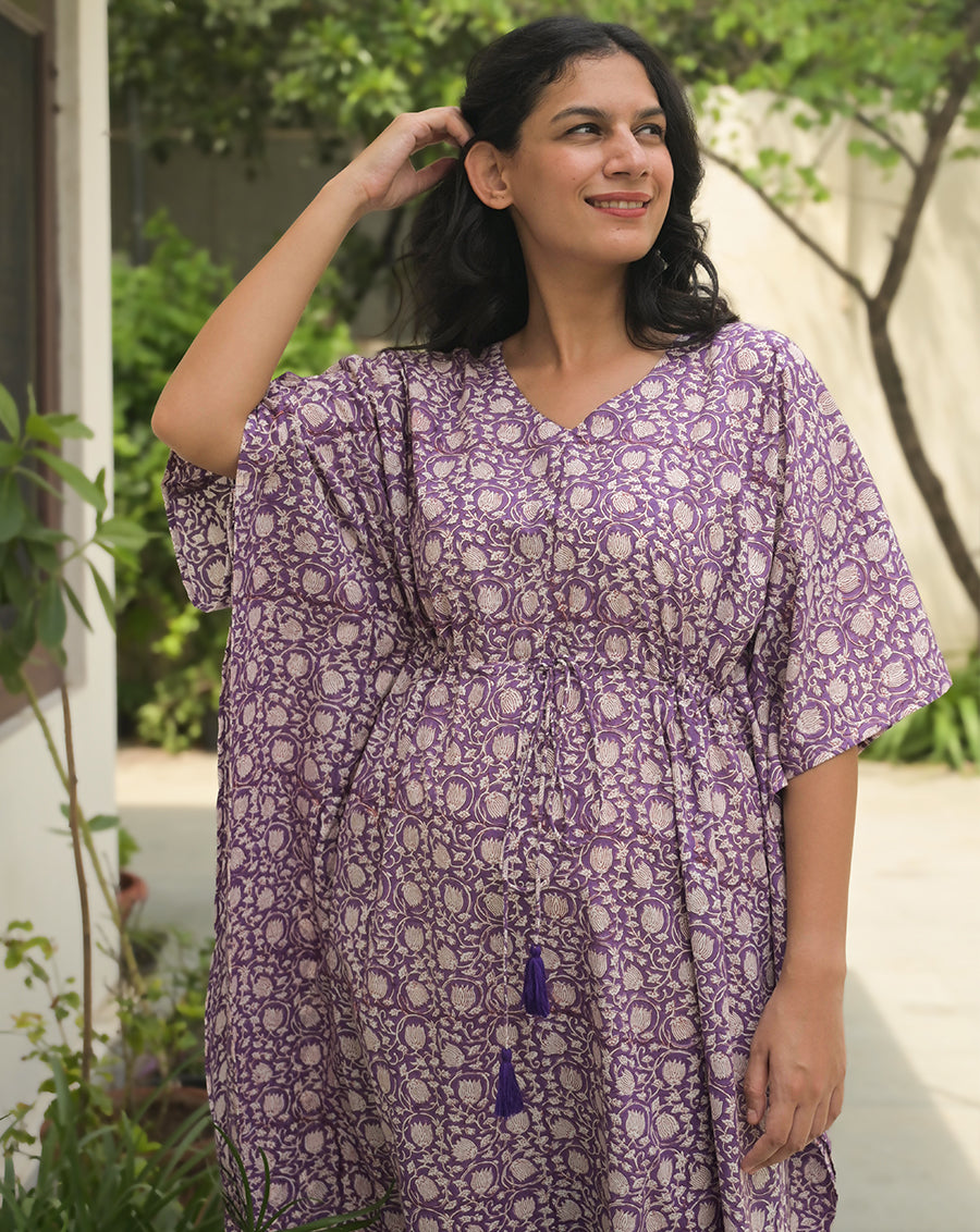 Kamal Hand Block Printed Cotton Kaftan - Full Length