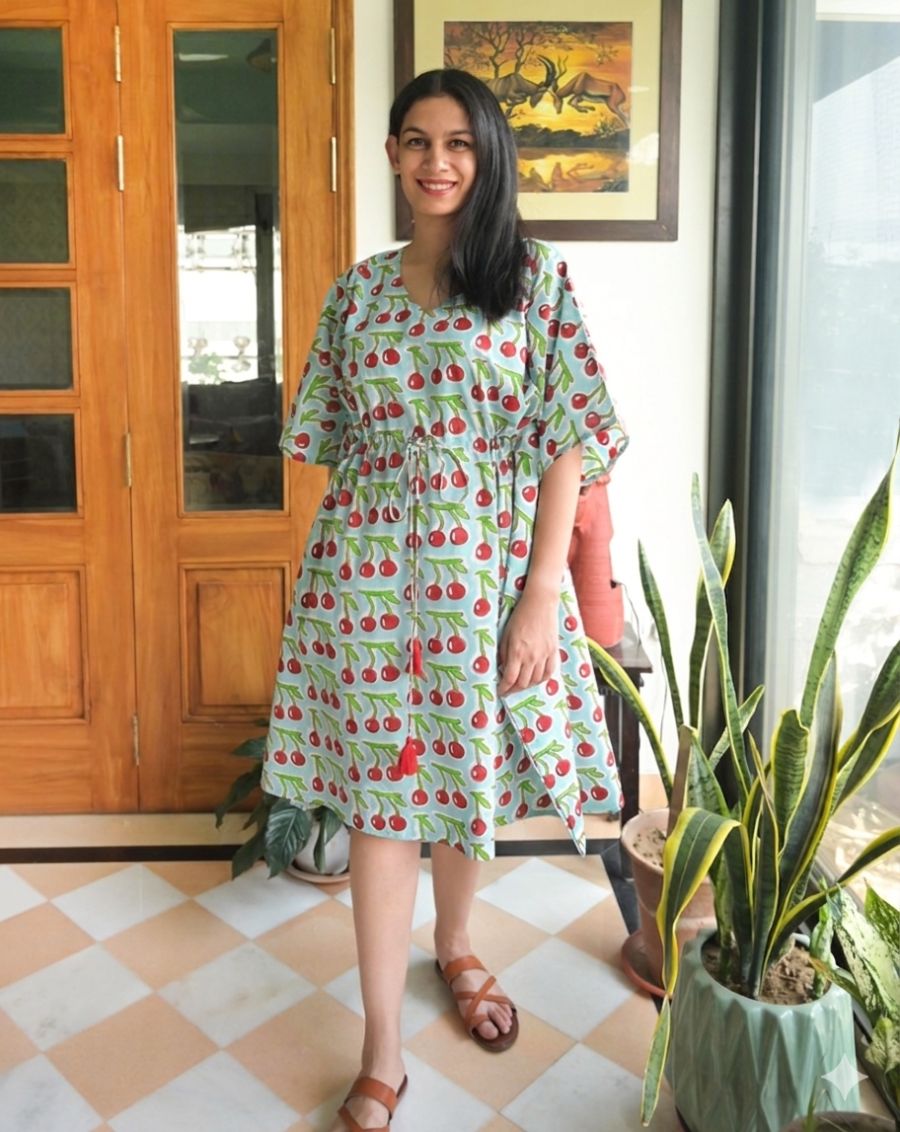 Mint Cherries Hand Block Printed Cotton Midi Kaftan