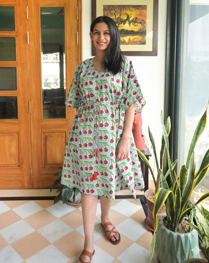 Mint Cherries Hand Block Printed Cotton Midi Kaftan