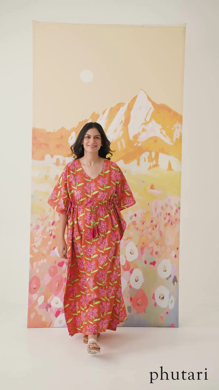 Poppy Blush Hand Block Printed Cotton Kaftan - Full Length