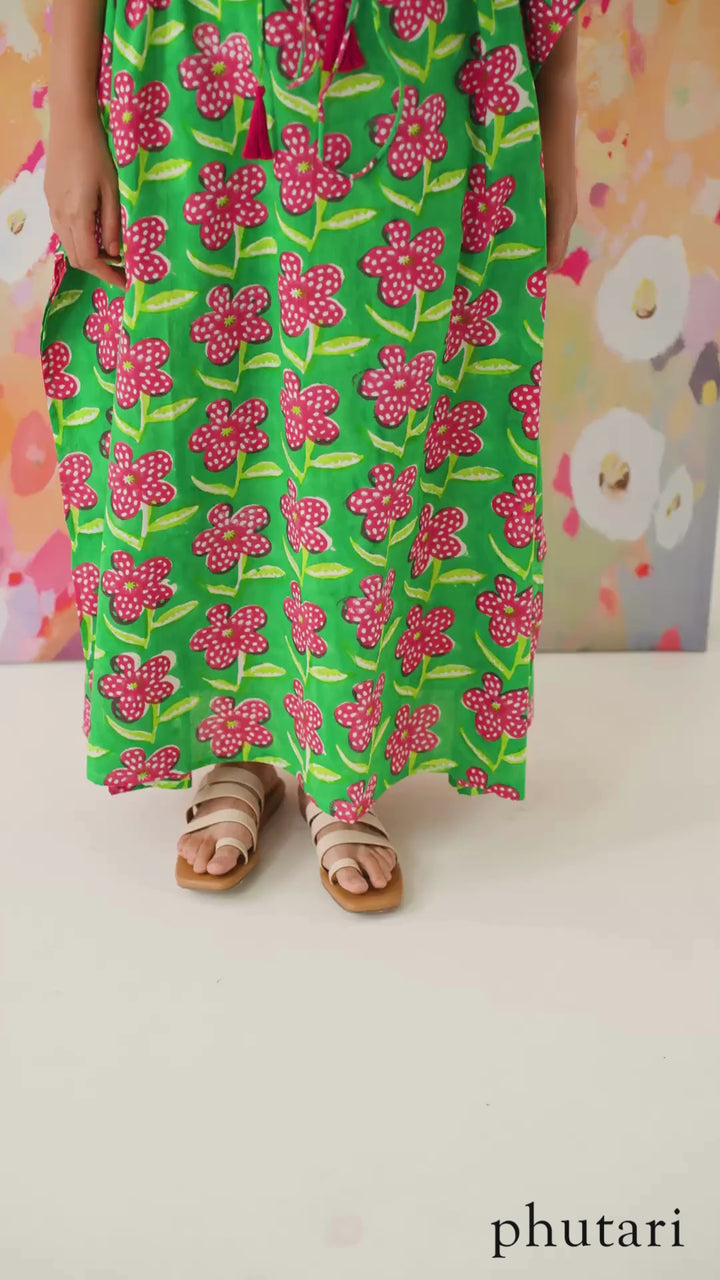 Poppy Hand Block Printed Cotton Kaftan - Full Length