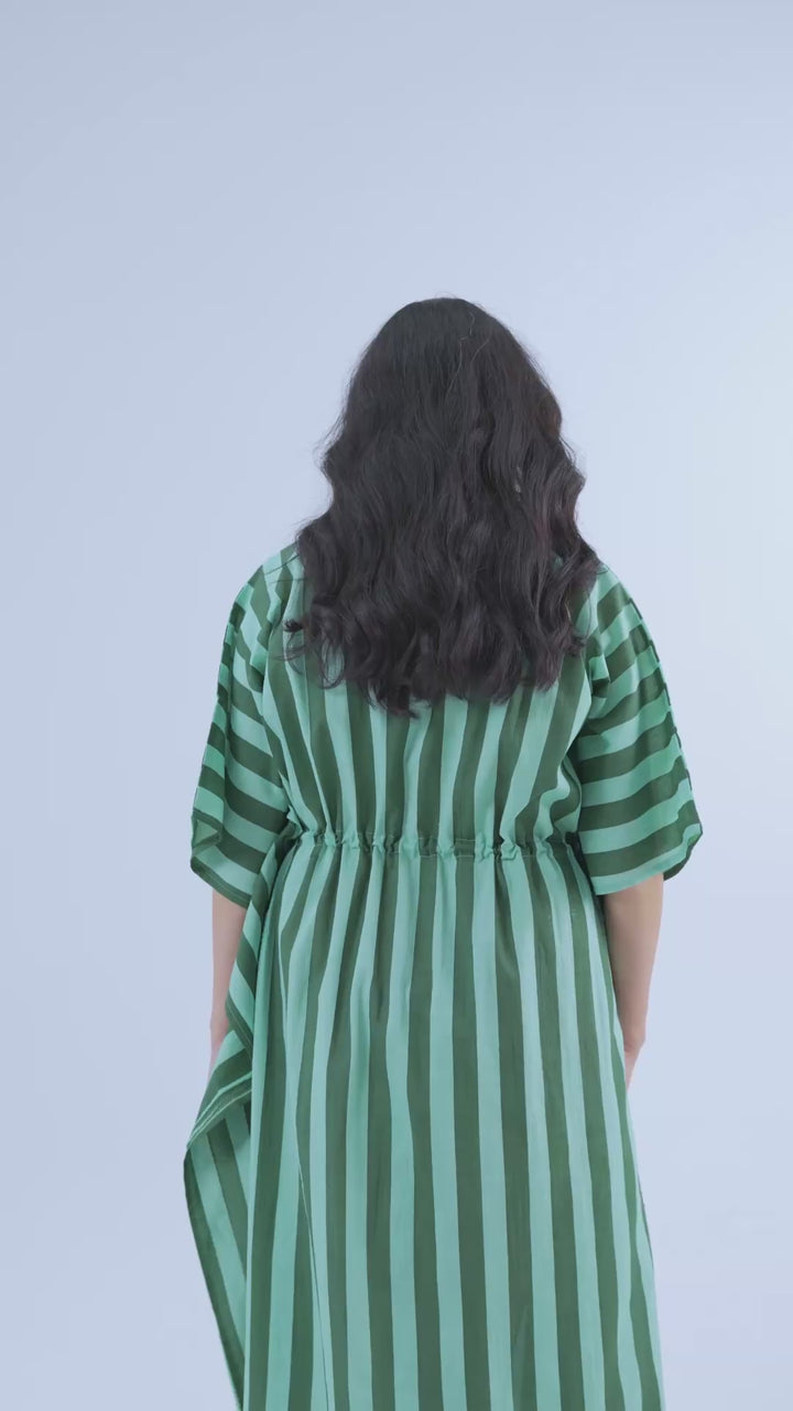 Bubble Gum Olive Hand Screen Printed Cotton Kaftan - Full Length
