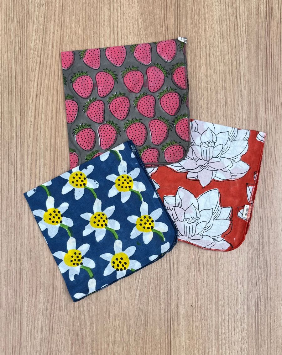 Berry Blossom- Set of 3 Cotton Mulmul Handkerchief