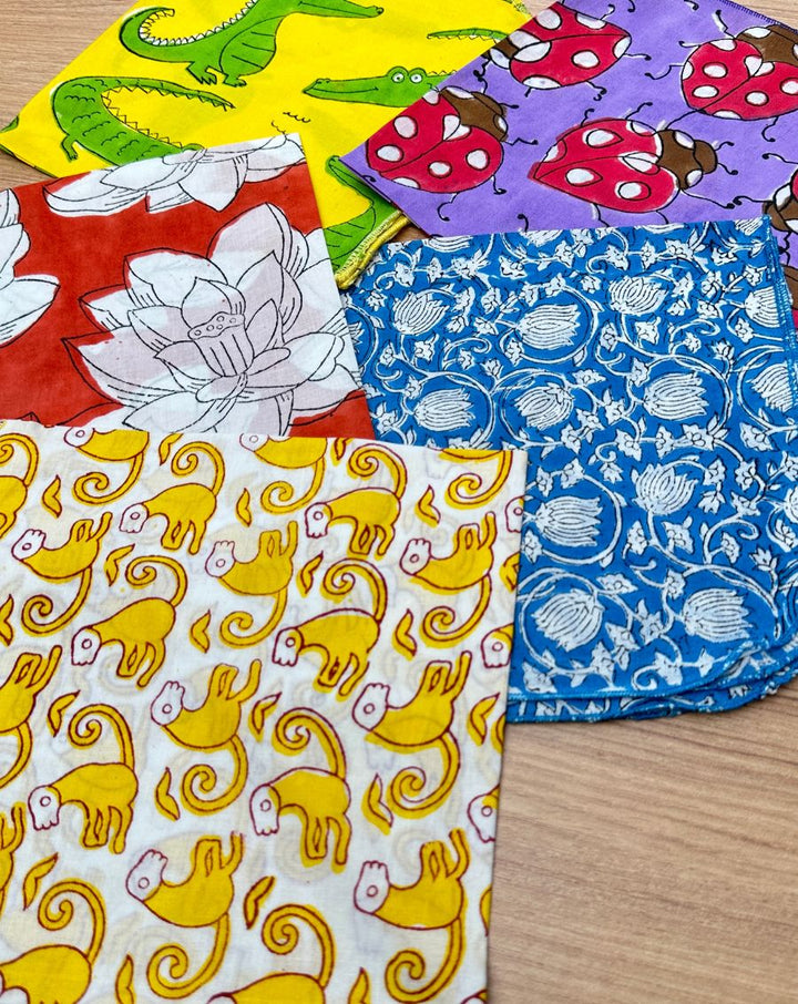 Funky Flora & Fauna- Set of 5 Cotton Mulmul Handkerchief