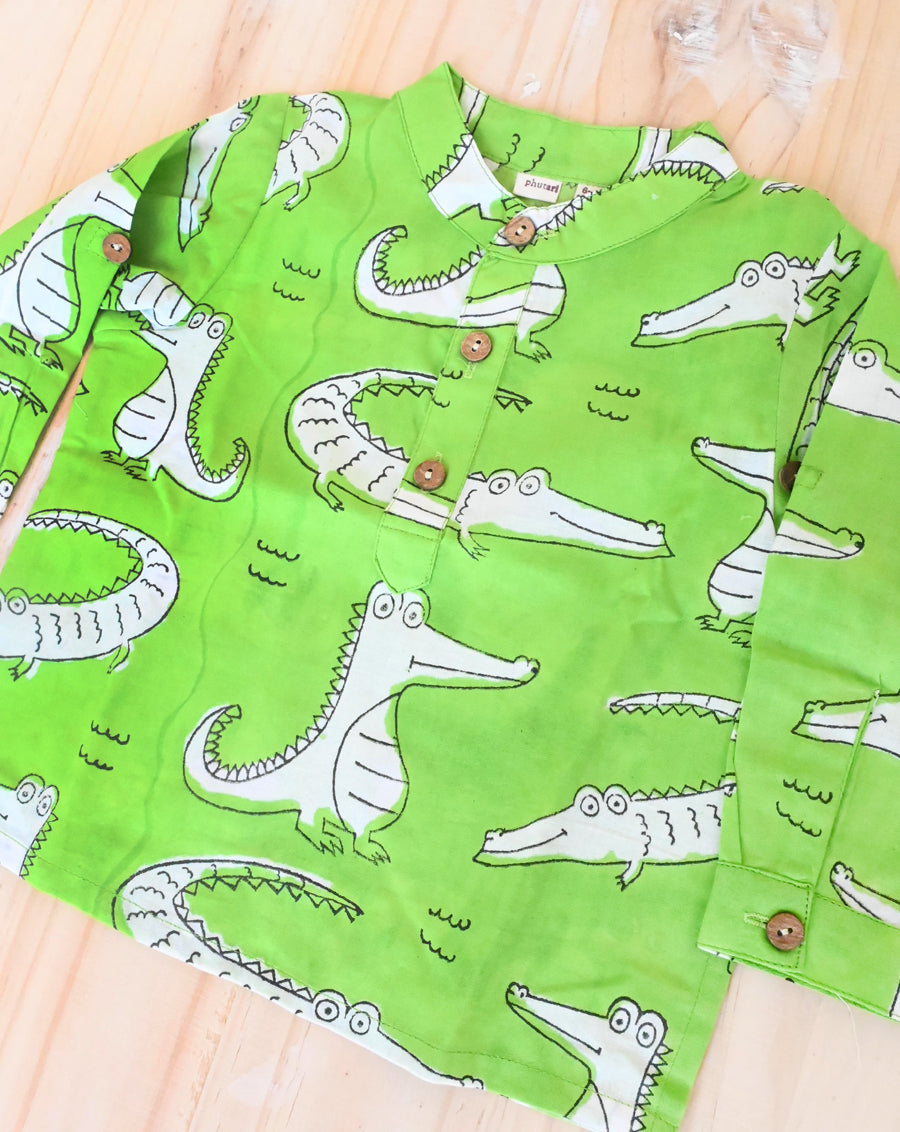Agar Magar Green Cotton Kurta Pyjama Set for Kids