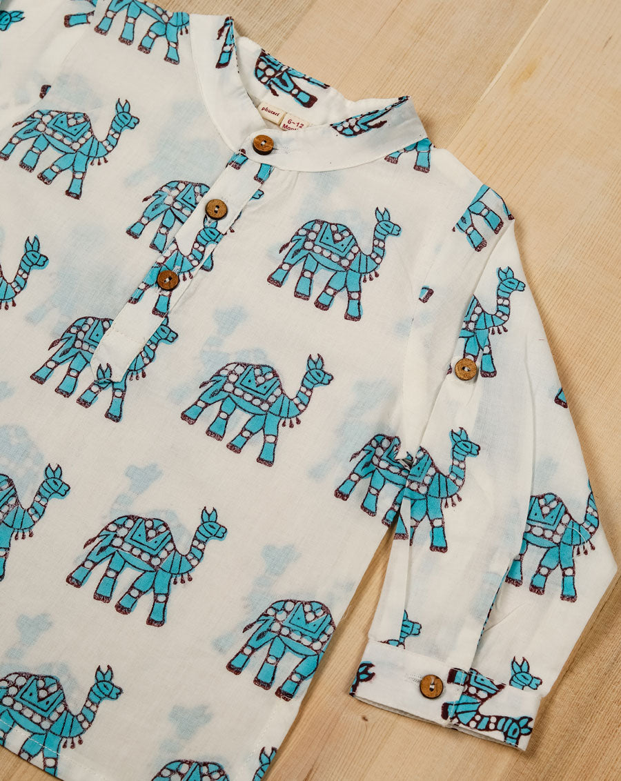 Camel March Blue Cotton Kurta Pyjama Set for Kids