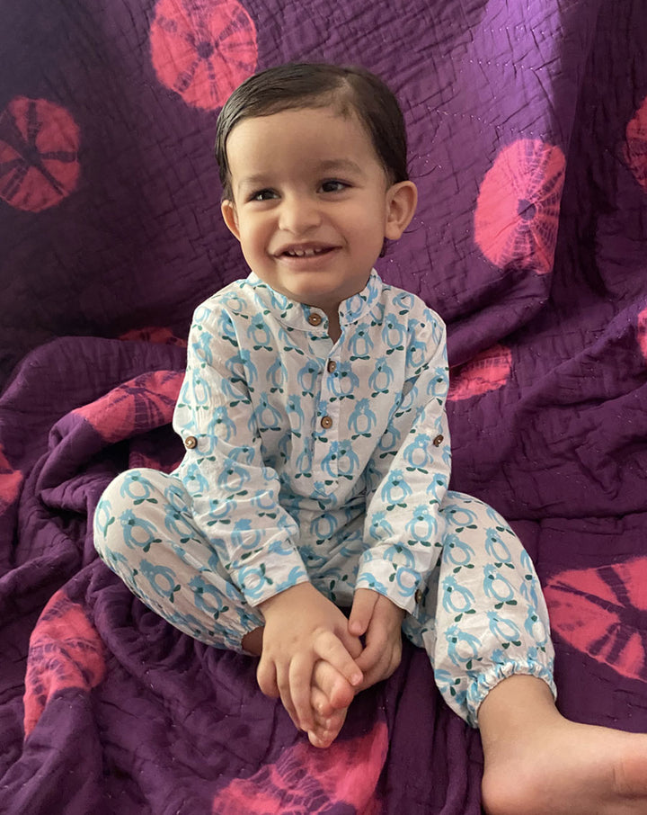 Blue Penguin Cotton Kurta Pyjama Set for Kids - SALE