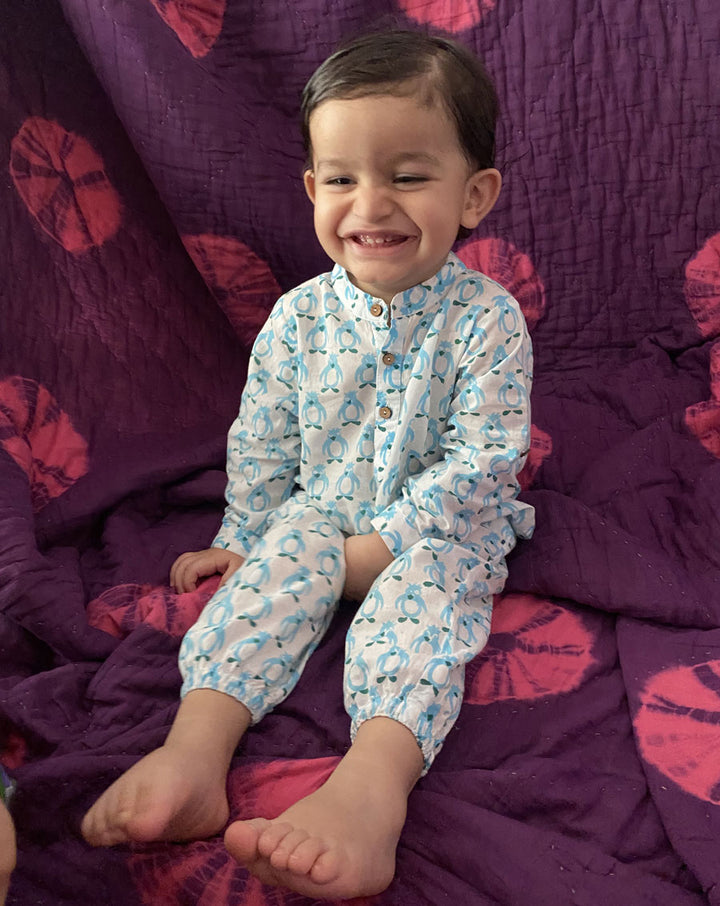 Blue Penguin Cotton Kurta Pyjama Set for Kids - SALE