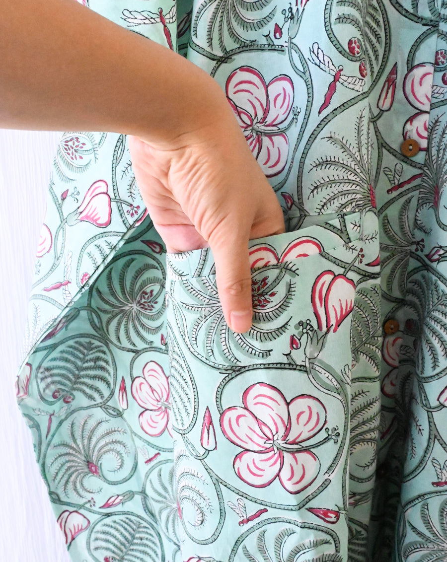 Butterfly Effect Hand Block Printed Cotton Kaftan Shirt - Full Length