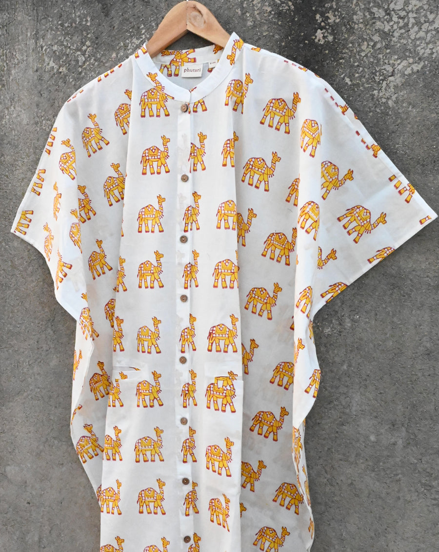 Marching Camel Hand Block Printed Cotton Midi Kaftan Shirt