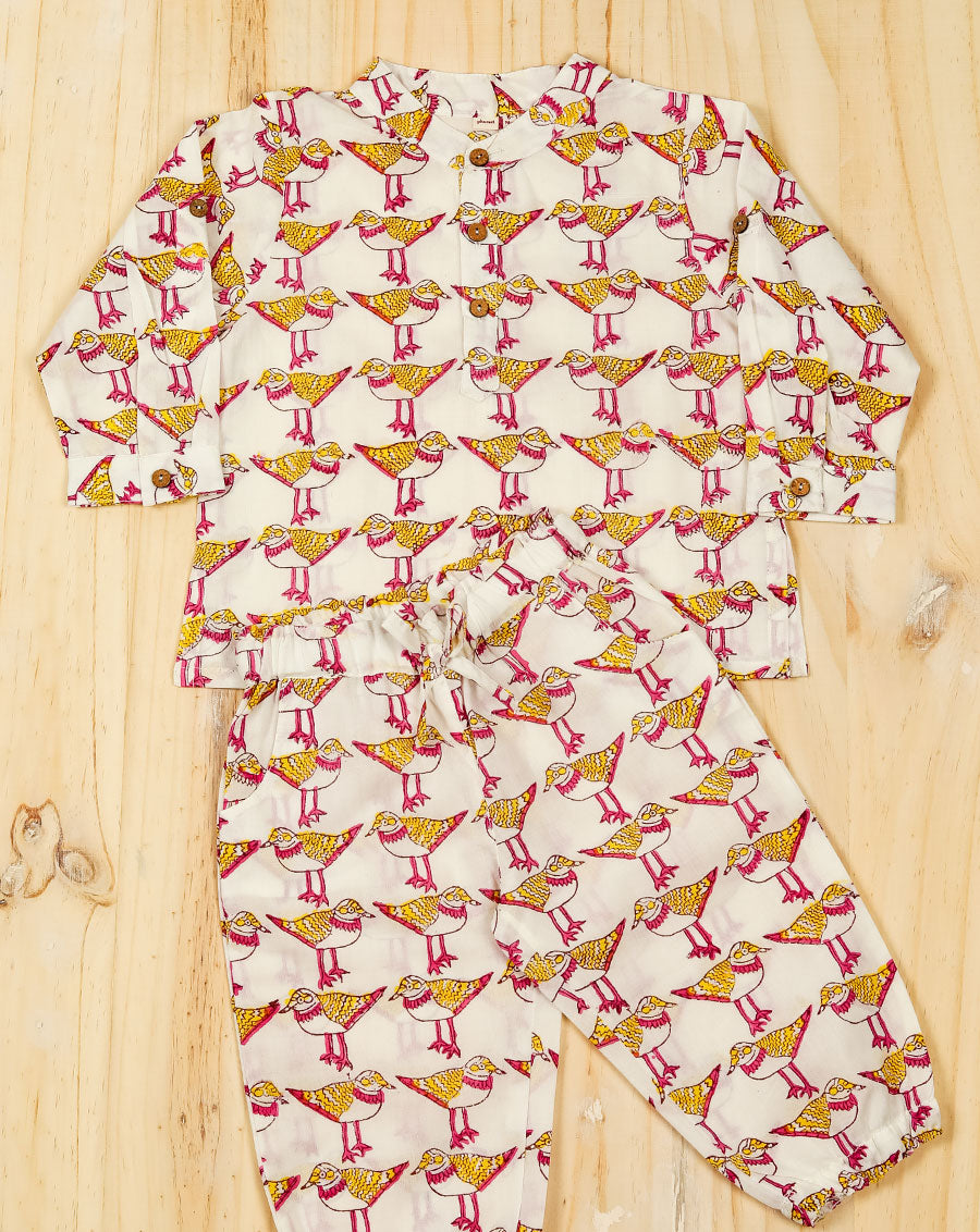 Chirping Birdies Cotton Kurta Pyjama Set for Kids