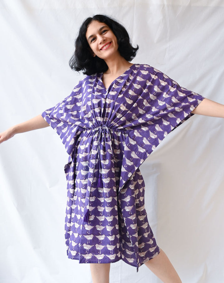 Chirping Birdies Hand Block Printed Cotton Kaftan