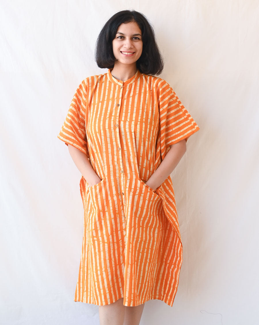 Kesari Dhaari Hand Block Printed Cotton Midi Kaftan Shirt