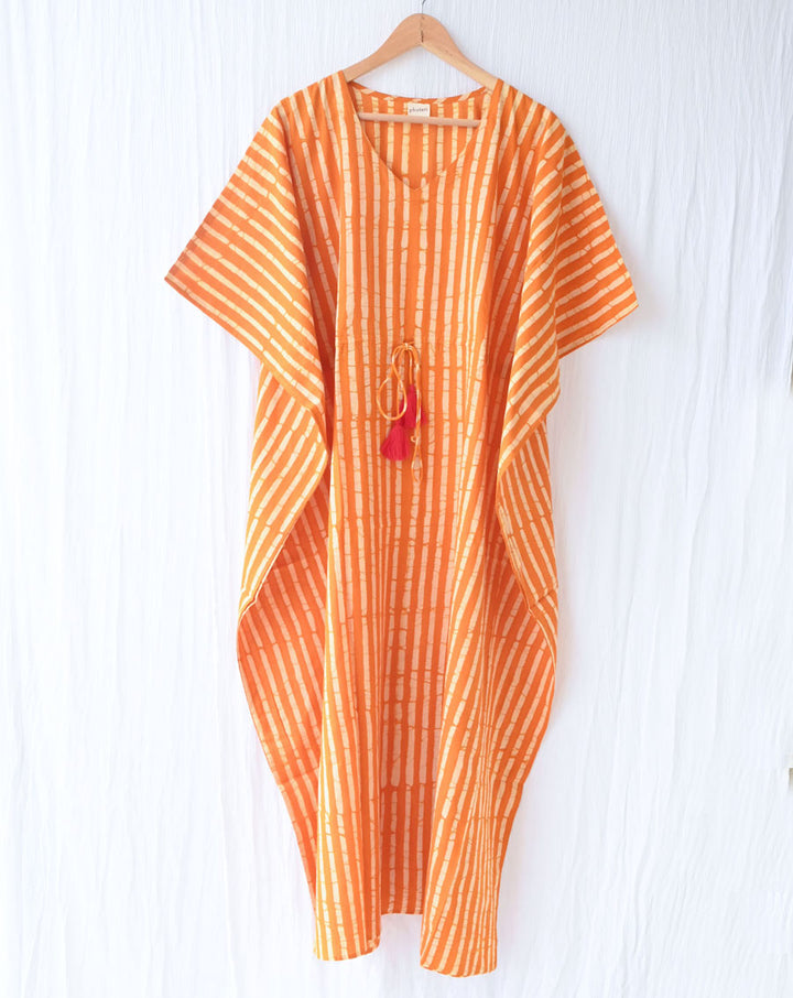 Dhaari Hand Block Printed Cotton Kaftan - Full Length