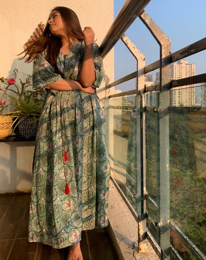 Dhoosar Bagh Hand Block Printed Cotton Kaftan - Full Length