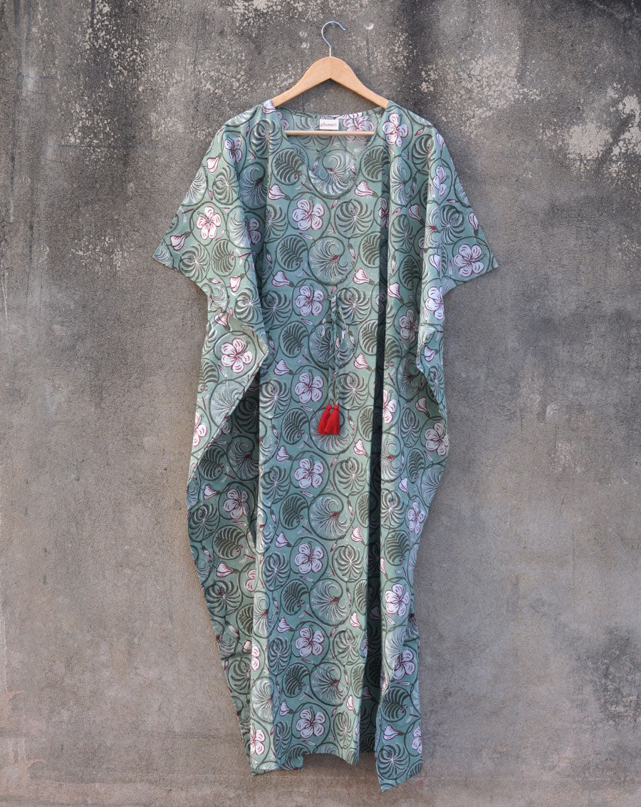 Dhoosar Bagh Hand Block Printed Cotton Kaftan - Full Length