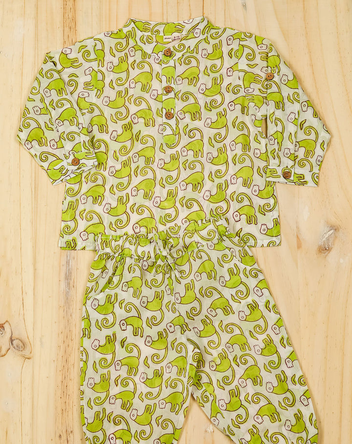 Funky Monkey Green Cotton Kurta Pyjama Set for Kids