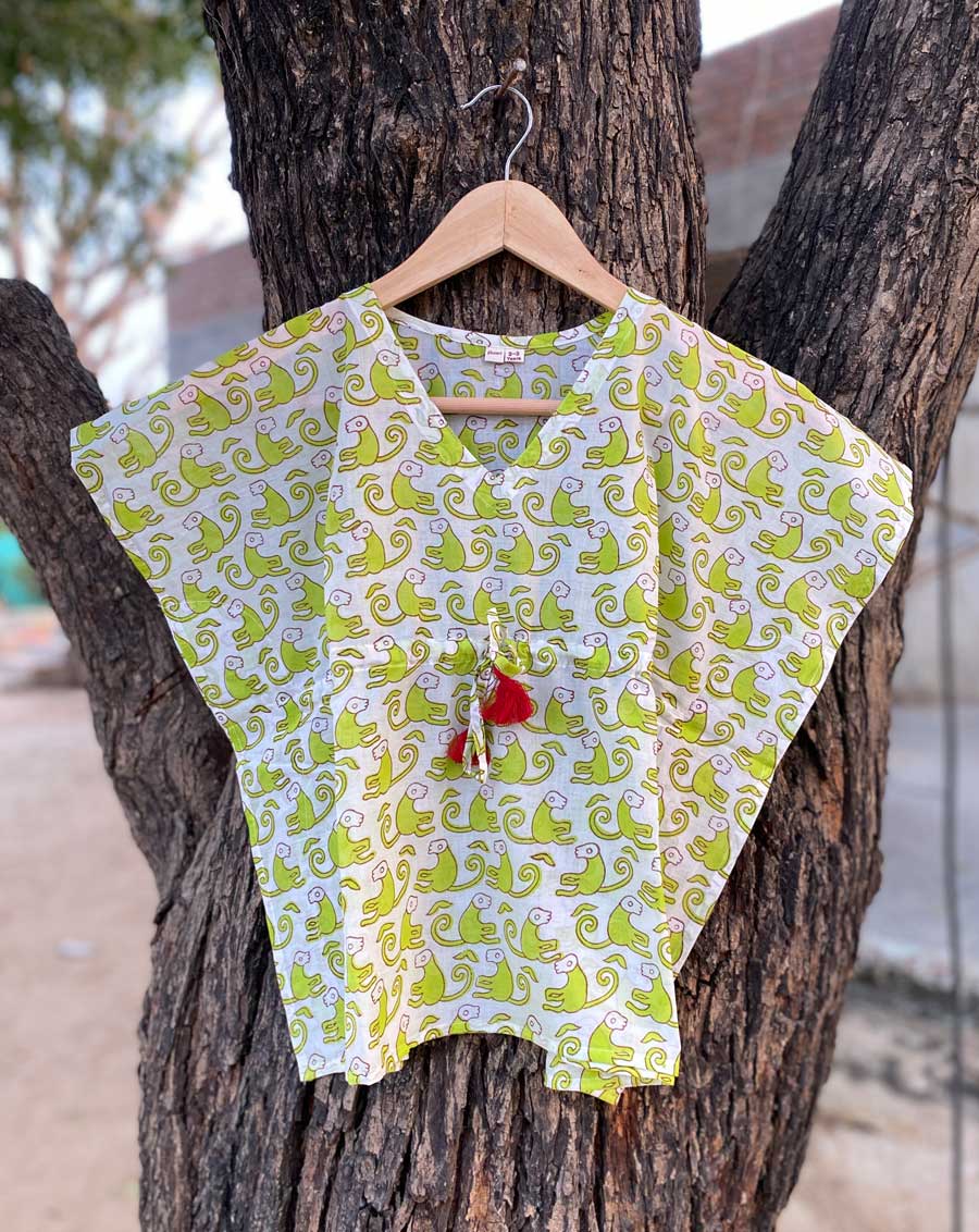 Green Funky Monkey Hand Block Printed Cotton Kaftan for baby girls