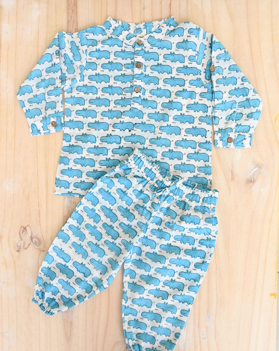 Happy Hippos Cotton Kurta Pyjama Set for Kids